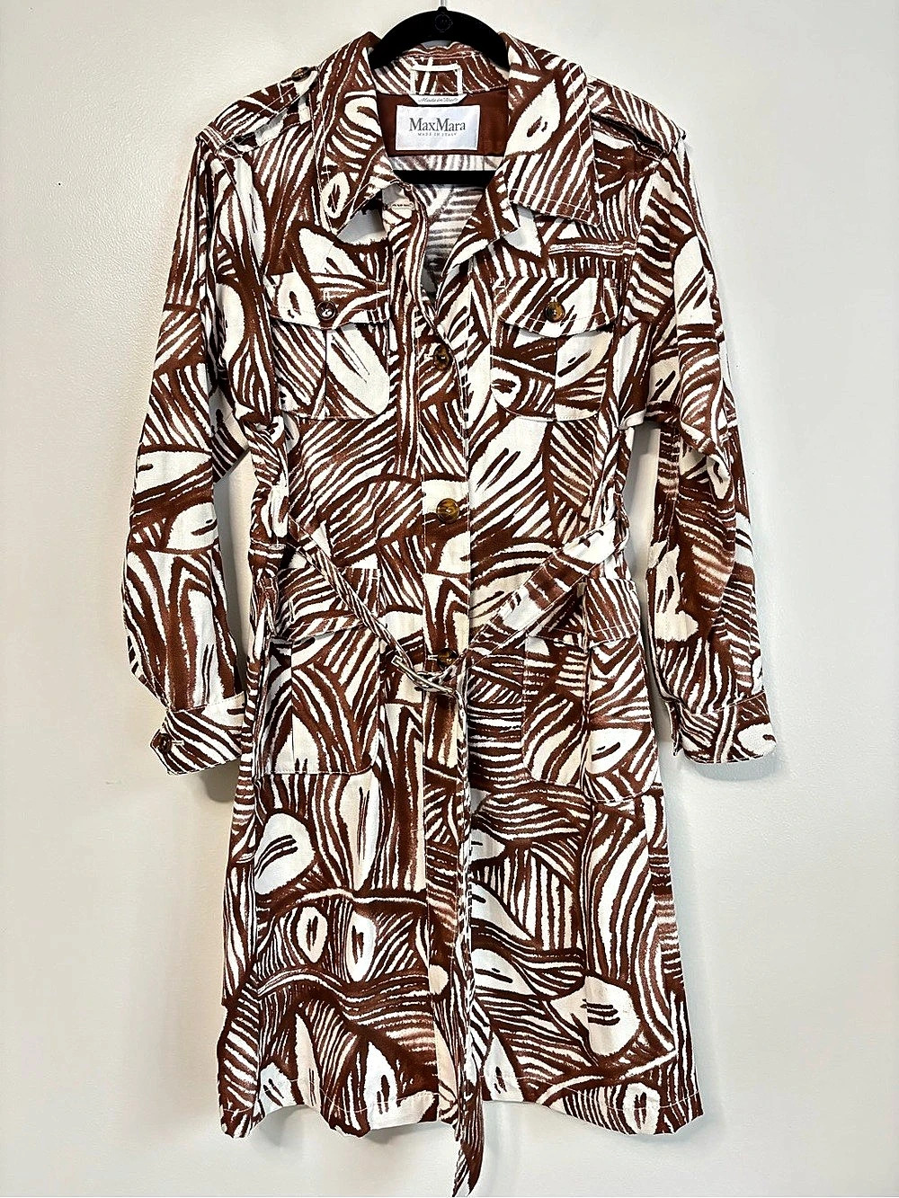 Max Mara Mainline Leaf Print Trench Coat Utility Midi Dress Cotton IT 42 US 8